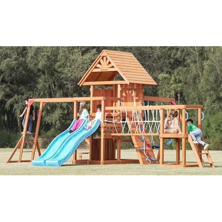 Dolphin Playground Wooden Swing Sets Monkey bar Plank Bridge with Rope Mesh