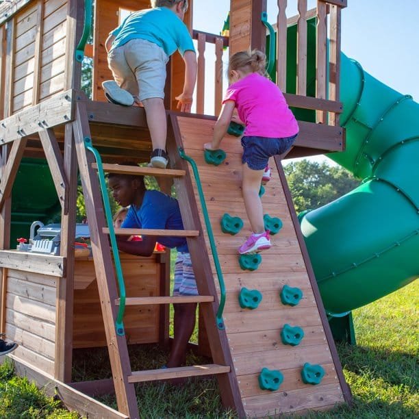 Backyard Discovery Cedar Cove Cedar Wood Playset Swing Set with Spiral Tube Slide Wave Slide and Lower Playhouse