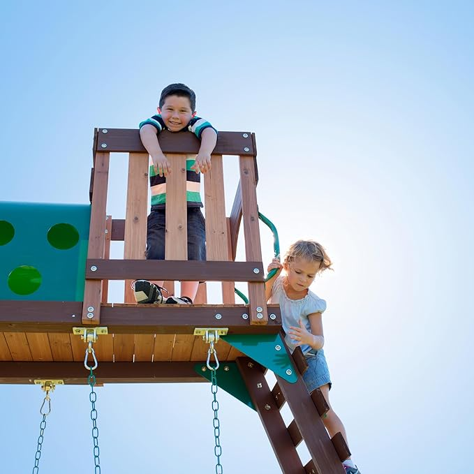 Backyard Discovery Woodridge Elite Wooden Swing Set with Wave Slide and Clubhouse