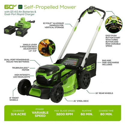 Greenworks 60V 21″ Brushless Self-Propelled Battery Powered Lawn Mower + (2) 4.0Ah Batteries & Dual Port Charger