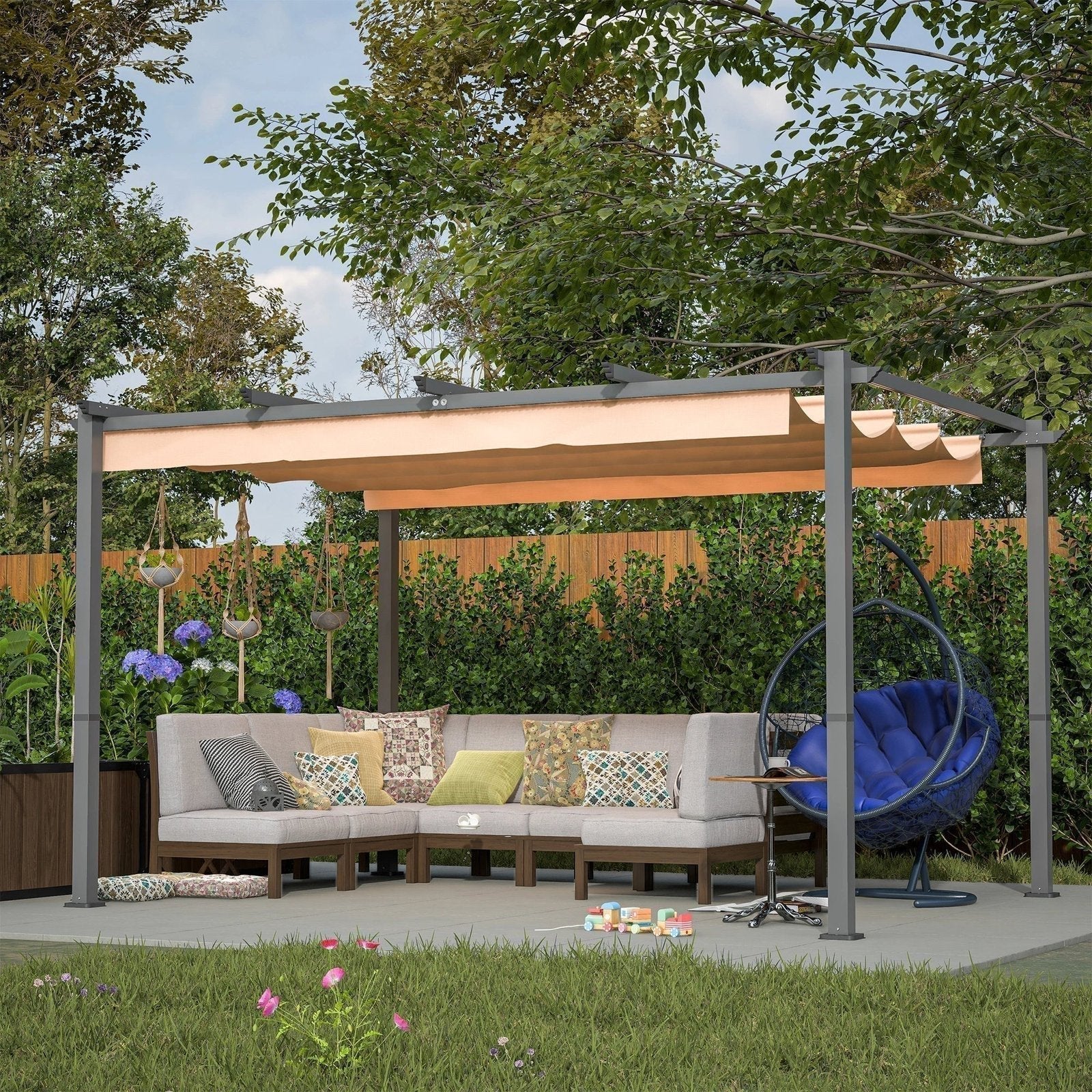 Stylish 10′ x 13′ Aluminum Patio Pergola with Retractable Canopy – Perfect Backyard Shade Shelter for Outdoor Parties