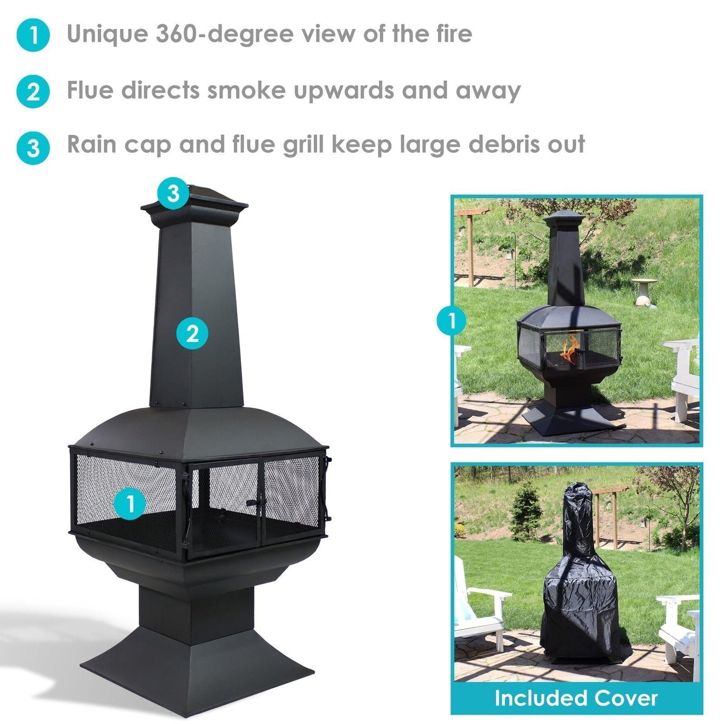 Sunnydaze 57″ 360-Degree View Steel Wood-Burning Chiminea with Grate, Poker, and Cover