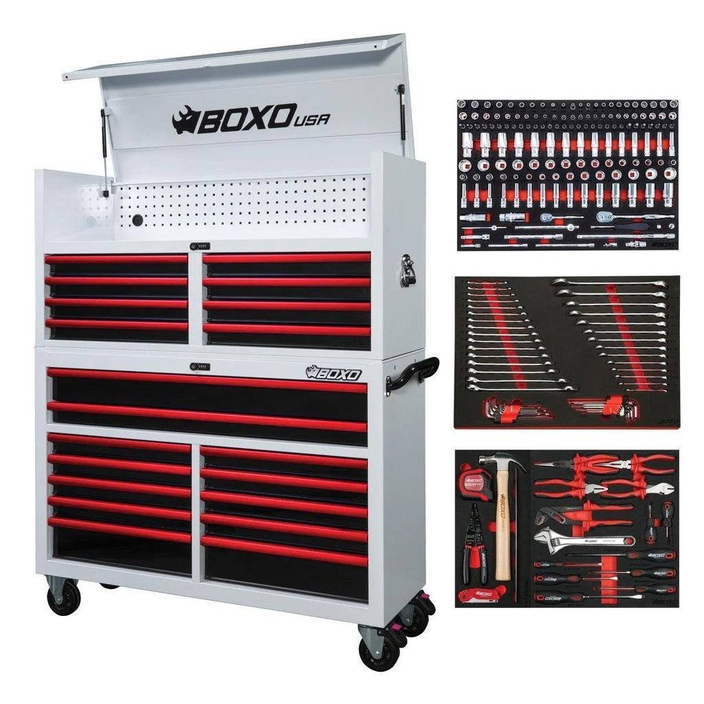 Pro Series | Loaded 53″ 20-Drawer Rolling Tool Box | White and Red