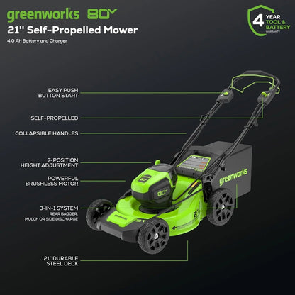 Greenworks 80V 21″ Cordless Self-Propelled Lawn Mowers.