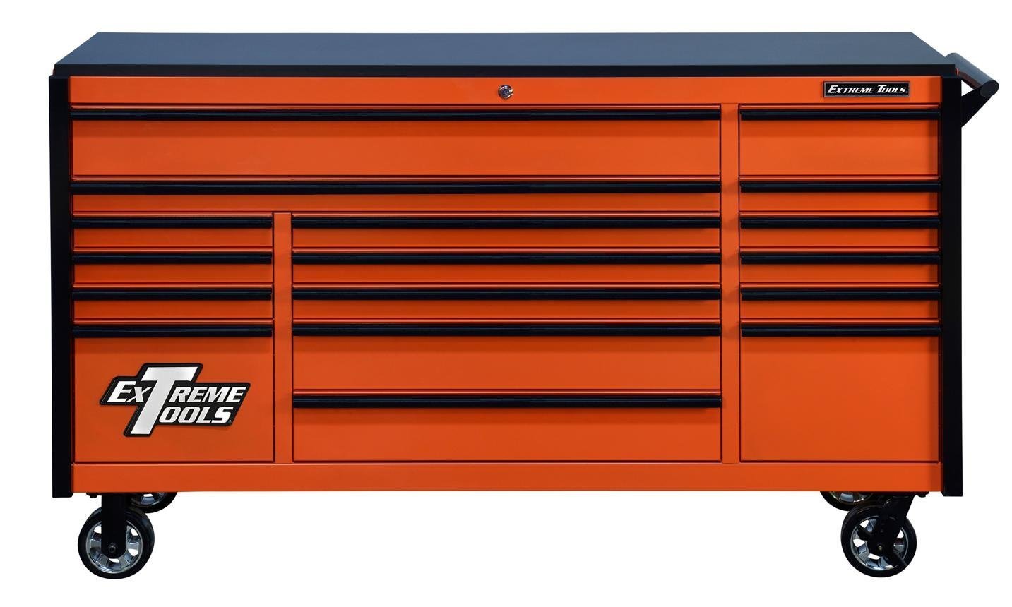 Scratch & Dent, Extreme Tools DX Series 72″ x 21″ Triple Bank Roller Cabinet, 17 Drawers – Orange/Black Showroom Demo