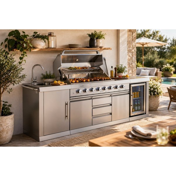 Big Horn 6-Burner Propane Gas Grill Island with Outdoor Rated Refrigerator