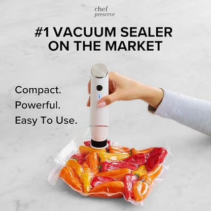 Chef Preserve Compact Vacuum Sealer for Food (Vacuum Sealer Machine + 30 Reusable Vacuum Bags) Powerful Handheld Vacuum Sealer Machine, Seal Meal Saver, Portable Food Sealer