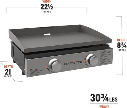 Blackstone 22″ Portable Tabletop Griddle – Dual Burner Flat Top Grill, 24,000 BTU Propane with Stainless Steel Faceplate & Rear Grease System