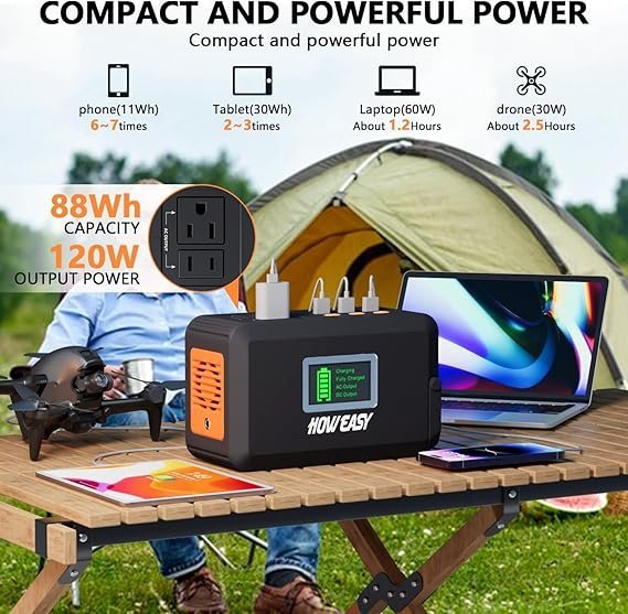 HOWEASY Portable Power Station,120W(240W Peak) Solar Generator,88Wh Lithium Battery Power with 110V AC Outlet/DC/USB/LED Light for Outdoor Camping Trip Hunting Emergency(Solar Panel Optional)