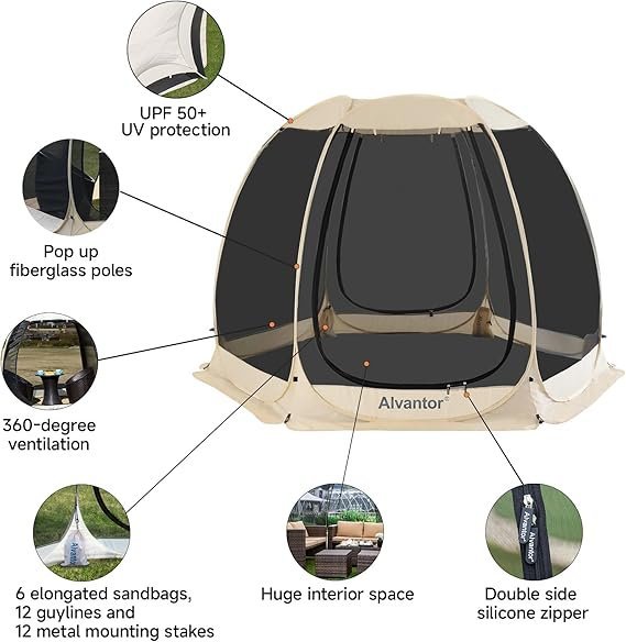 Alvantor Pop Up Screen House Gazebo with Mosquito Netting, Instant UV Resistant Sun Shelter for Patio & Backyard, Portable Canopy Tent for 2-10 Person