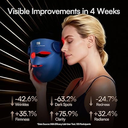 INIA Glow 4D Wireless Red Light Therapy Mask for face – Dual NIR, 320 LEDs, 4 Modes, Under-Eye Cooling, Cordless & Rechargeable LED Face Mask for Home & Travel, Skincare Gifts for Women Mom Wife, Blue
