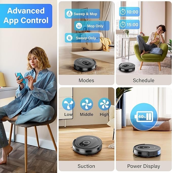 Tikom Robot Vacuum and Mop Combo, 5000Pa Robotic Vacuum Cleaner, 150 Min Max, App & Remote Control, Ideal for Hard Floor, Carpet, Pet Hair, Self-Charge(G8000 Max)