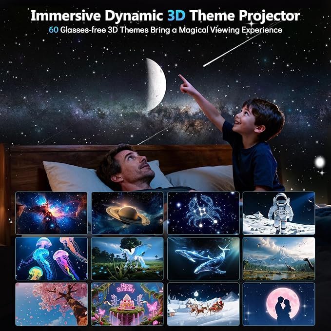 Rossetta 3D Projector, 60 Themes HD 3D Galaxy Projector with Bluetooth Speaker & Remote, 1H/2H Timer, Night Light for Bedroom, Home Decor, Party, Birthday & Christmas Gifts for Adults, Girls, Boys