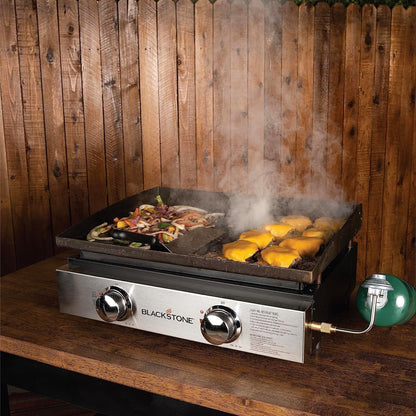 Blackstone 22″ Portable Tabletop Griddle – Dual Burner Flat Top Grill, 24,000 BTU Propane with Stainless Steel Faceplate & Rear Grease System
