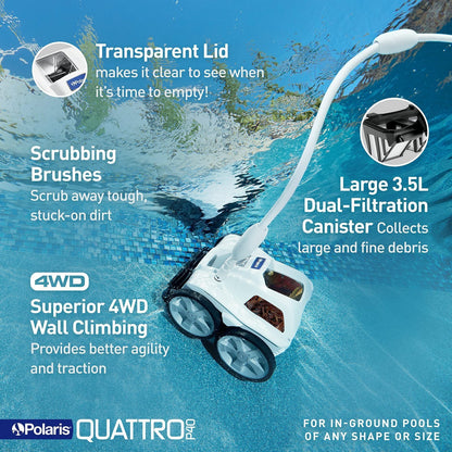 Polaris Quattro P40 Pressure Side Pool Cleaner for All In-Ground Pool Surfaces, Large-Capacity Dual Filtration Canister, 31′ Hose & Transparent Lid to View Debris