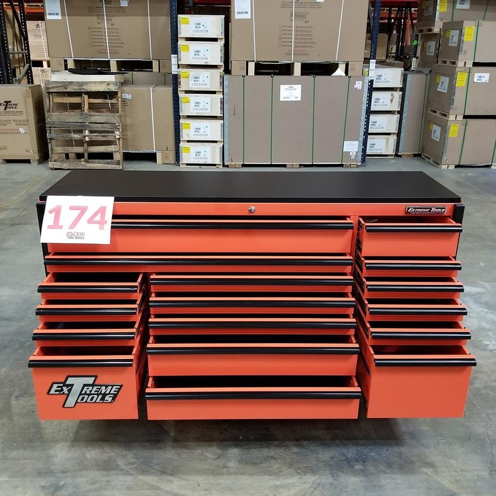Scratch & Dent, Extreme Tools DX Series 72″ x 21″ Triple Bank Roller Cabinet, 17 Drawers – Orange/Black Showroom Demo