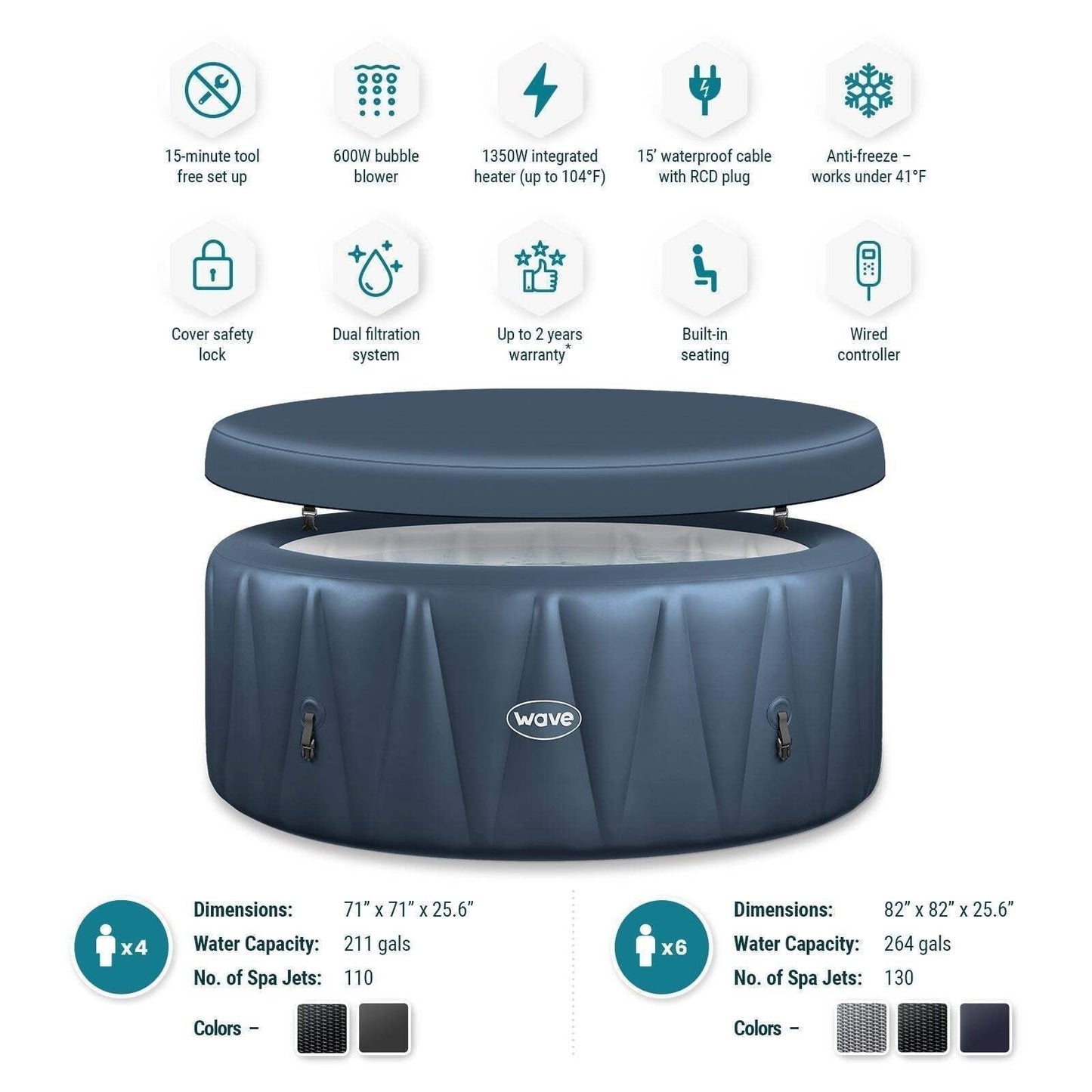 Wave Atlantic 6 Person Round Inflatable Hot Tub, Navy