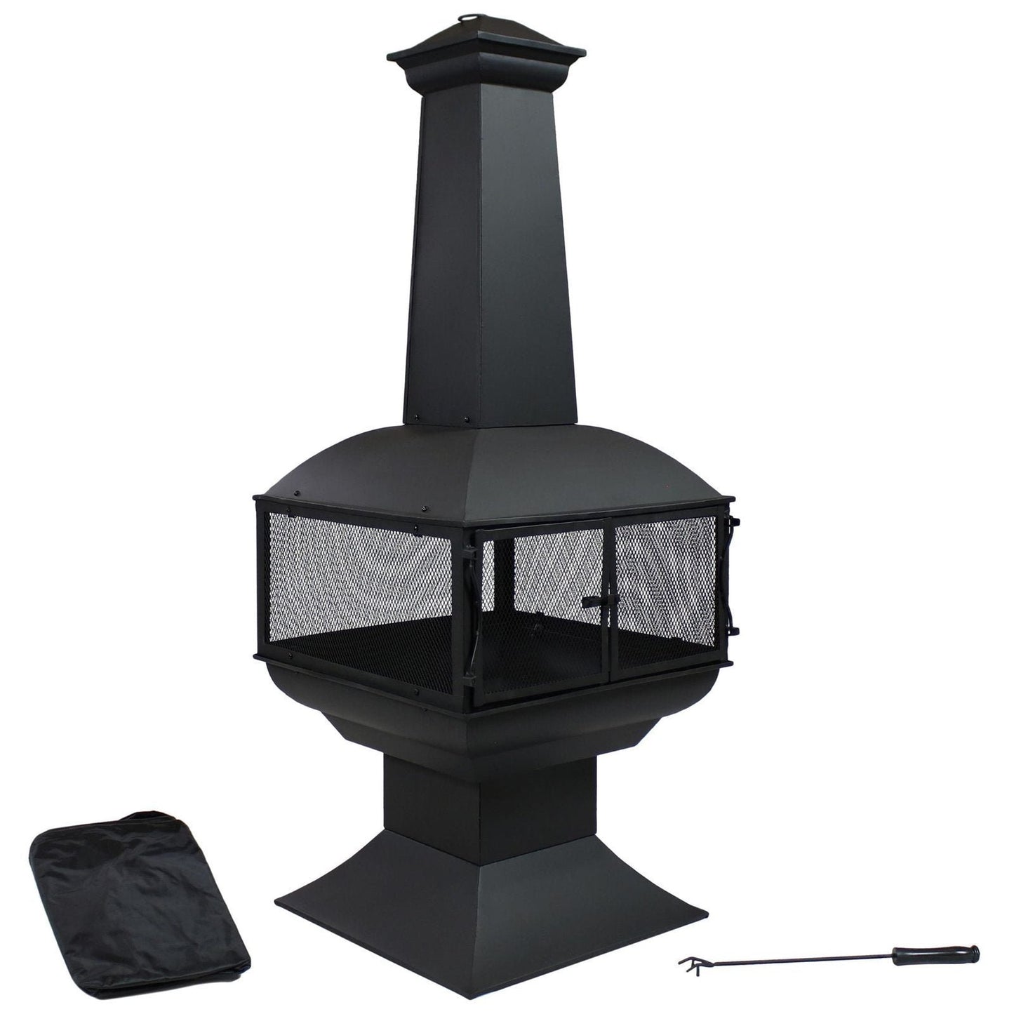 Sunnydaze 57″ 360-Degree View Steel Wood-Burning Chiminea with Grate, Poker, and Cover