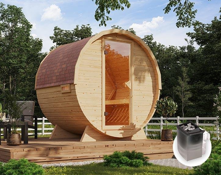 Sauna d’extérieur tonneau en bois massif pour 1 à 2 personnes 38mm 199x175x205cm KARIBU