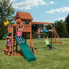 Sedona Summit Complete Wooden Outdoor Playset with Slide, Picnic Table, Swings, and Backyard Swing Set Accessories