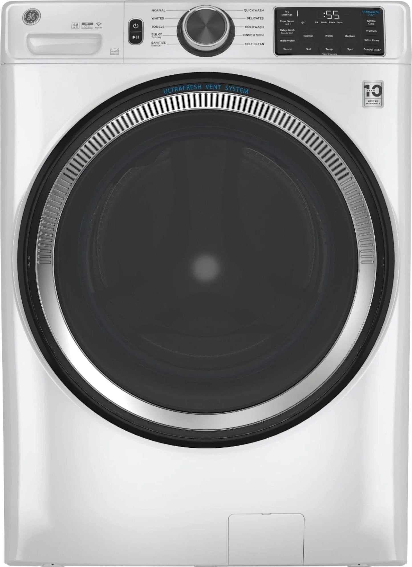 GE – 4.8 CuFt High-Efficiency Stackable Smart Front Load Washer w/UltraFresh Vent System & Microban Antimicrobial Technology – White on white