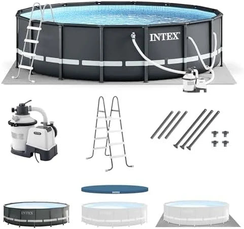Intex Ultra XTR Frame 14′ x 42″ Round Above Ground Outdoor Swimming Pool Set with Sand Filter Pump, Ladder, Ground Cloth, and Pool Covers