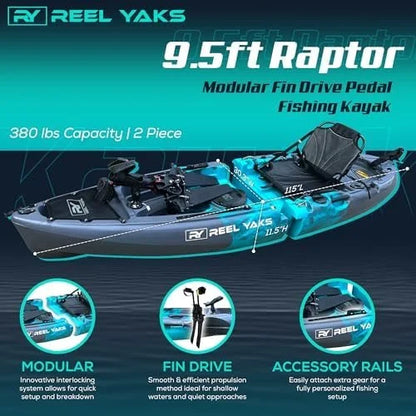 Reel Yaks Raptor Modular Fishing Kayak – 9.5ft Lightweight Sit On Top Kayak for Adults & Youth – Stable & Portable, Ideal Space-Saving Design for Travels – 380lbs Capacity