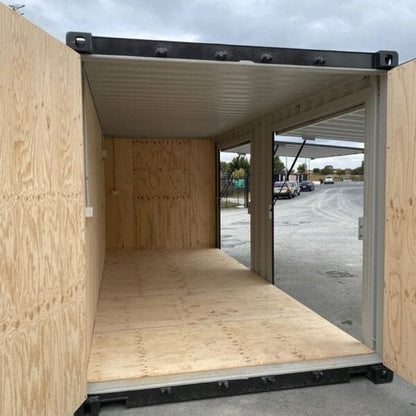 20′ new build, with two large awnings in the side wall, custom paint job, insulated ceiling, power and plywood lining.