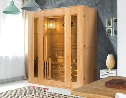 Sauna Finlandais Vapeur Feroe 3 Places en Hemlock 1500x1200x1900mm Poêle Electrique 4.5kW