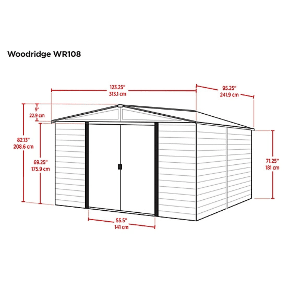 Arrow Woodridge 10' x 8' Galvanized Steel Storage Shed with Woodgrain Finish
