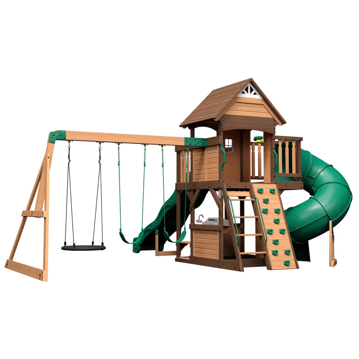 Backyard Discovery Cedar Cove Cedar Wood Playset Swing Set with Spiral Tube Slide Wave Slide and Lower Playhouse