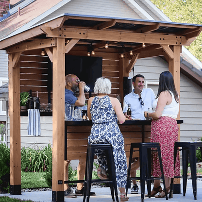 Backyard Discovery Cedar Springs Cedar Wood Outdoor Bar Set with Steel Countertops Shelving and TV Mount Privacy Wall