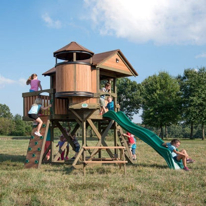 Backyard Discovery Eagles Nest Cedar Wooden Playhouse Playset with 7-Foot Crow's Nest Wave Slide and Rock Climbing Wall