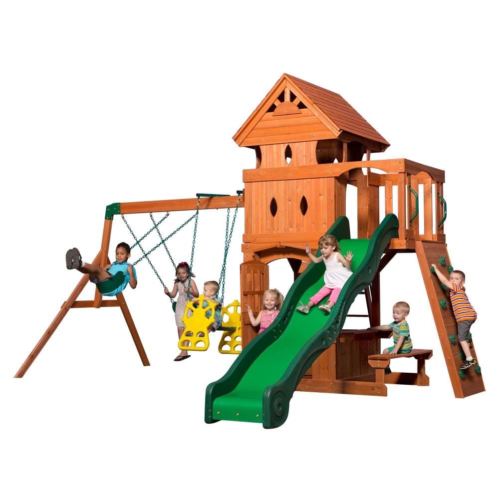 Backyard Discovery Monterey Cedar Wood Playset Swing Set with Double Story Clubhouse Wave Slide and Glider Swing