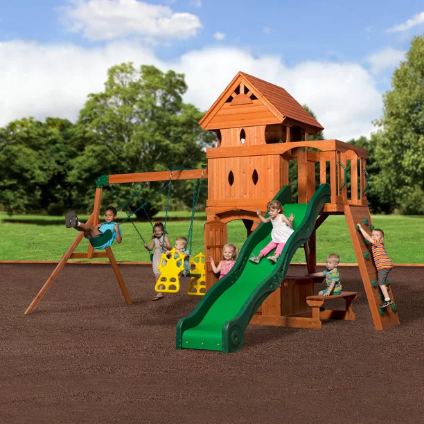 Backyard Discovery Monterey Cedar Wood Playset Swing Set with Double Story Clubhouse Wave Slide and Glider Swing