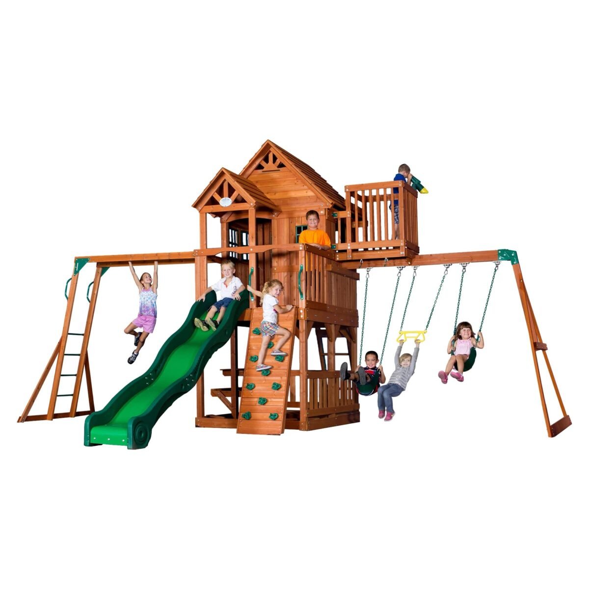 Backyard Discovery Skyfort II Cedar Wood Playset Swing Set with Raised Clubhouse Wave Slide Monkey Bars and Rock Climbing Wall