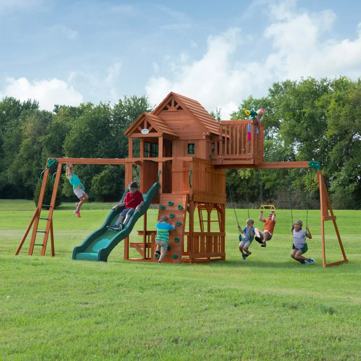 Backyard Discovery Skyfort II Cedar Wood Playset Swing Set with Raised Clubhouse Wave Slide Monkey Bars and Rock Climbing Wall
