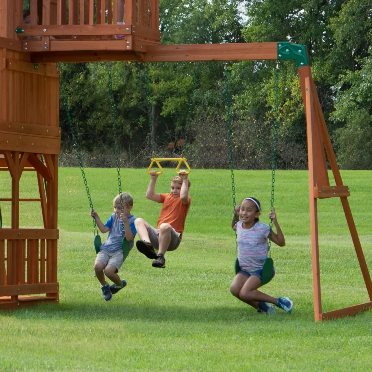 Backyard Discovery Skyfort II Cedar Wood Playset Swing Set with Raised Clubhouse Wave Slide Monkey Bars and Rock Climbing Wall
