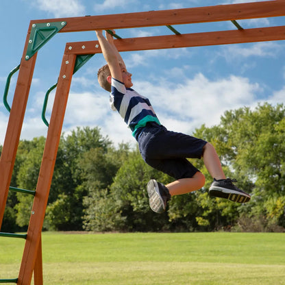 Backyard Discovery Skyfort II Cedar Wood Playset Swing Set with Raised Clubhouse Wave Slide Monkey Bars and Rock Climbing Wall