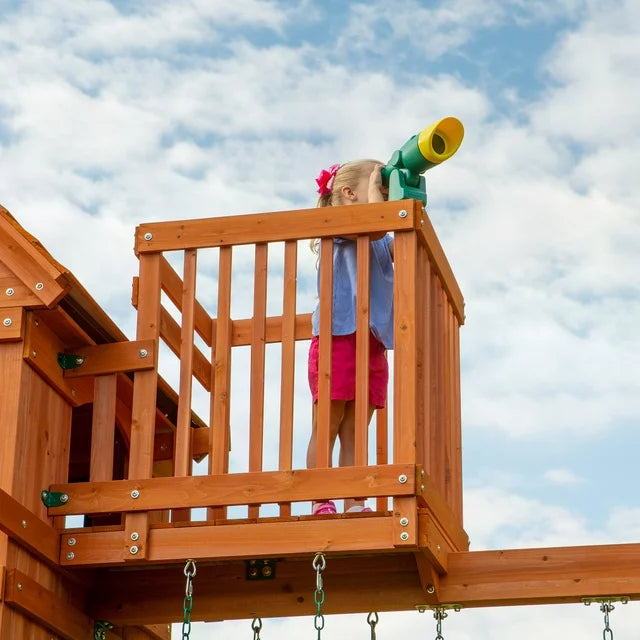 Backyard Discovery Skyfort II Cedar Wood Playset Swing Set with Raised Clubhouse Wave Slide Monkey Bars and Rock Climbing Wall
