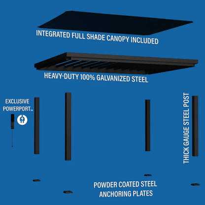 Backyard Discovery Trenton 16' x 12' Modern Galvanized Steel Pergola Black Frame with Shade Sail Canopy and PowerPort