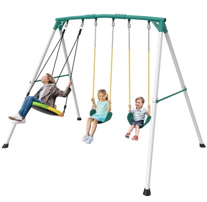 Designasofa 9.5 Ft. Heavy-Duty Metal Outdoor Swing Set with Saucer Swing and 2 Swings
