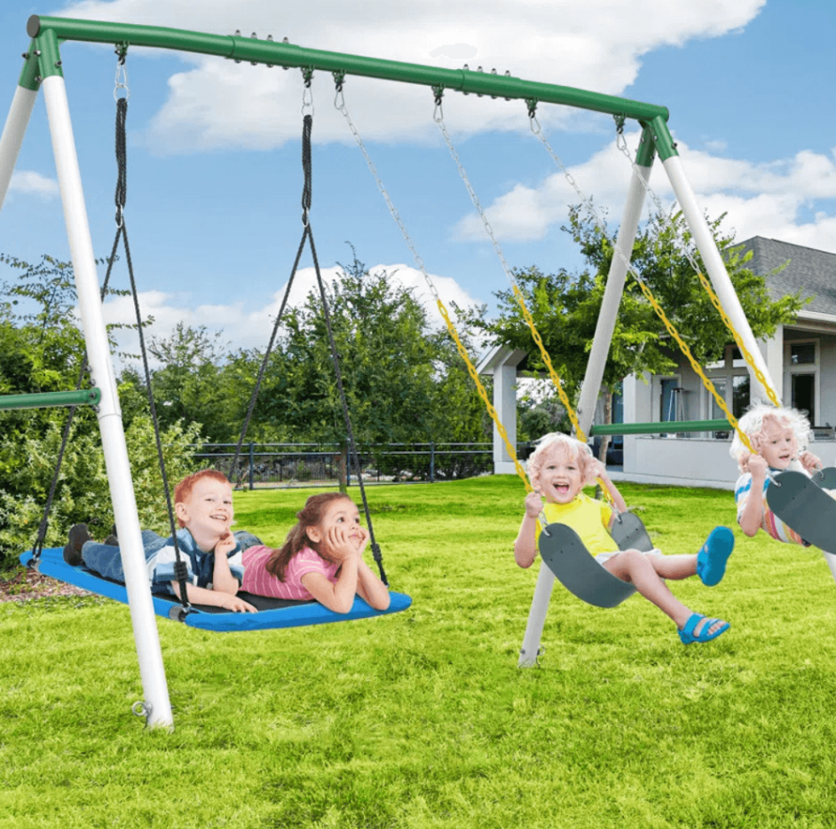Designasofa 660 lbs Heavy-Duty Metal Swing Set with Platform Swing and 2 Belt Swings