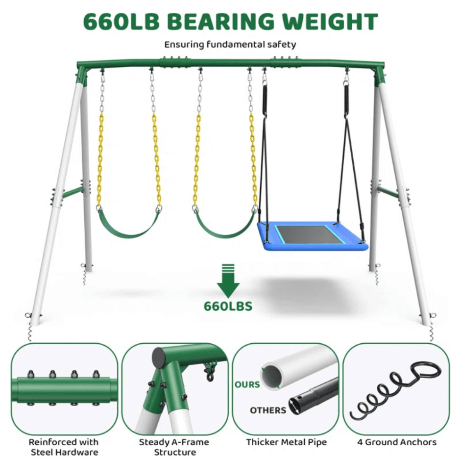 Designasofa 660 lbs Heavy-Duty Metal Swing Set with Platform Swing and 2 Belt Swings