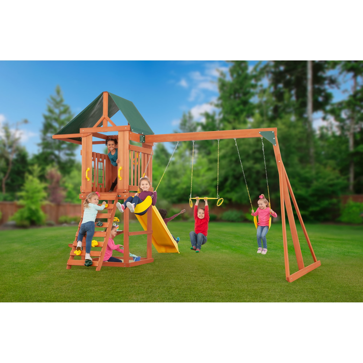 Creative Cedar Designs Cedar Cottage Wooden Swing Set with Slide and Picnic Table