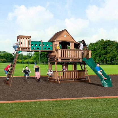 Backyard Discovery Woodridge Elite Wooden Swing Set with Wave Slide and Clubhouse